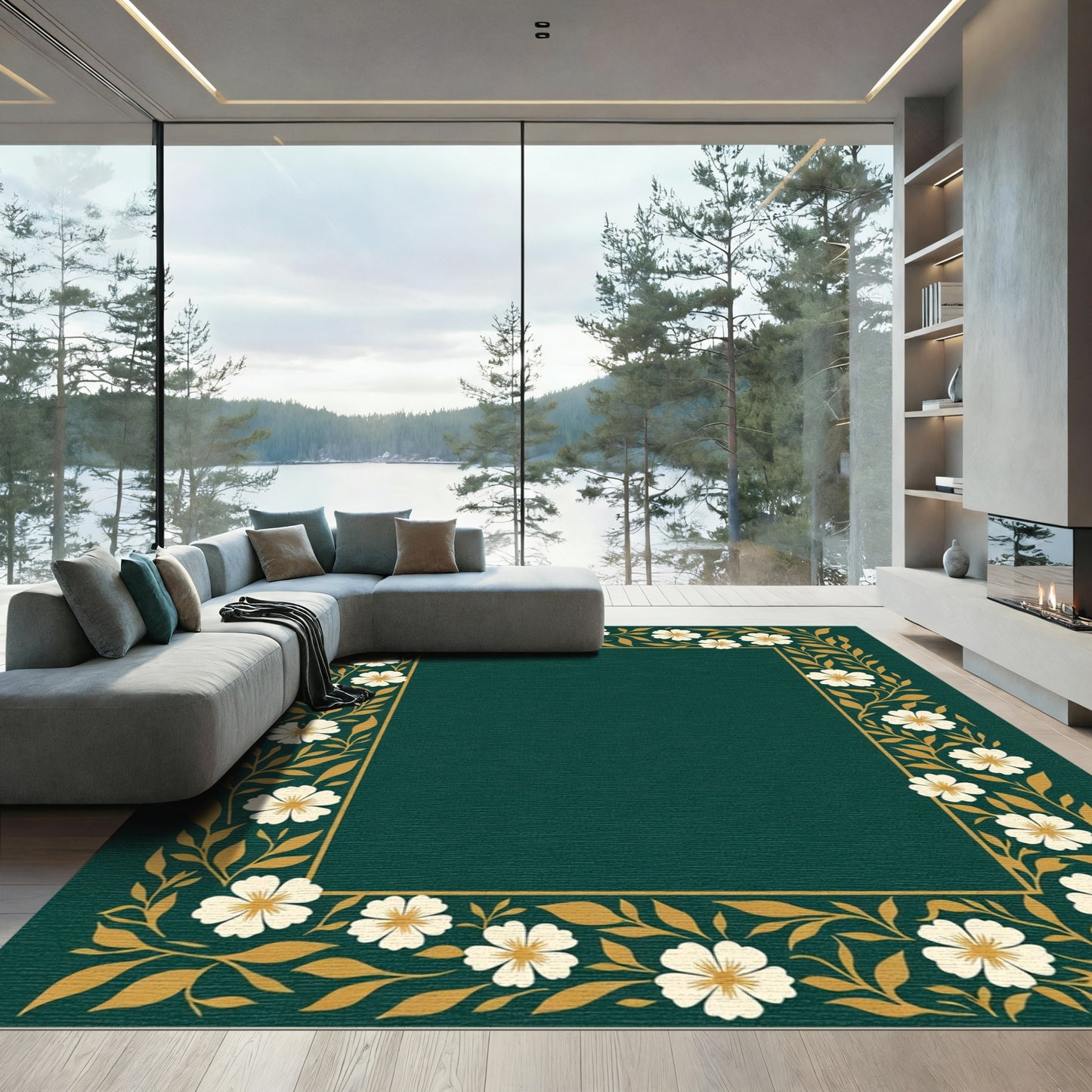 Emerald White Floral Vine Border Rug