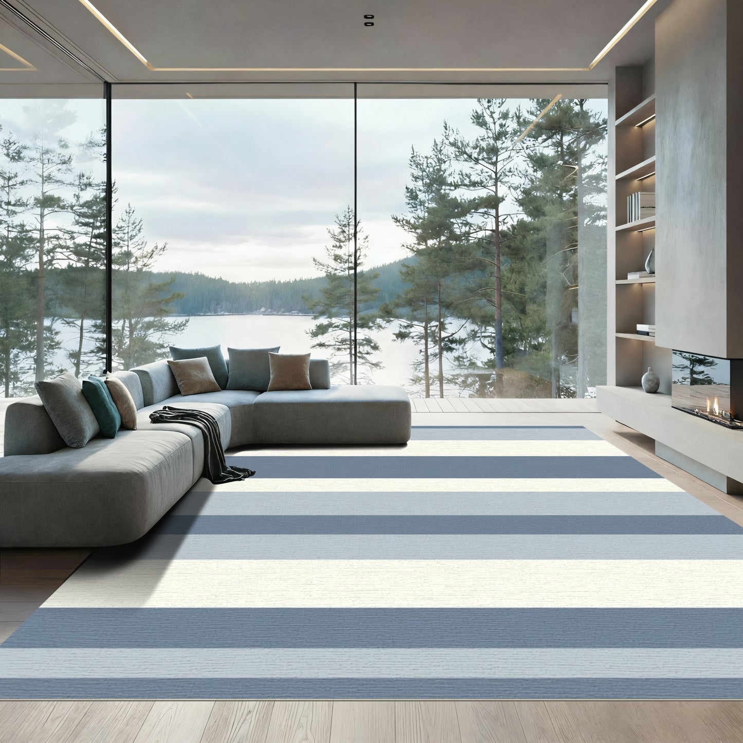 Blue Gray Cream Striped Horizon Rug