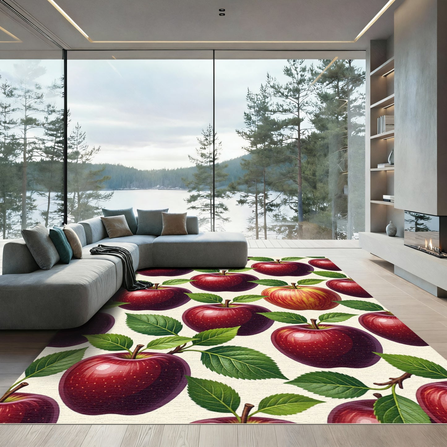 Vibrant Crimson Apple Botanical Illustration Rug