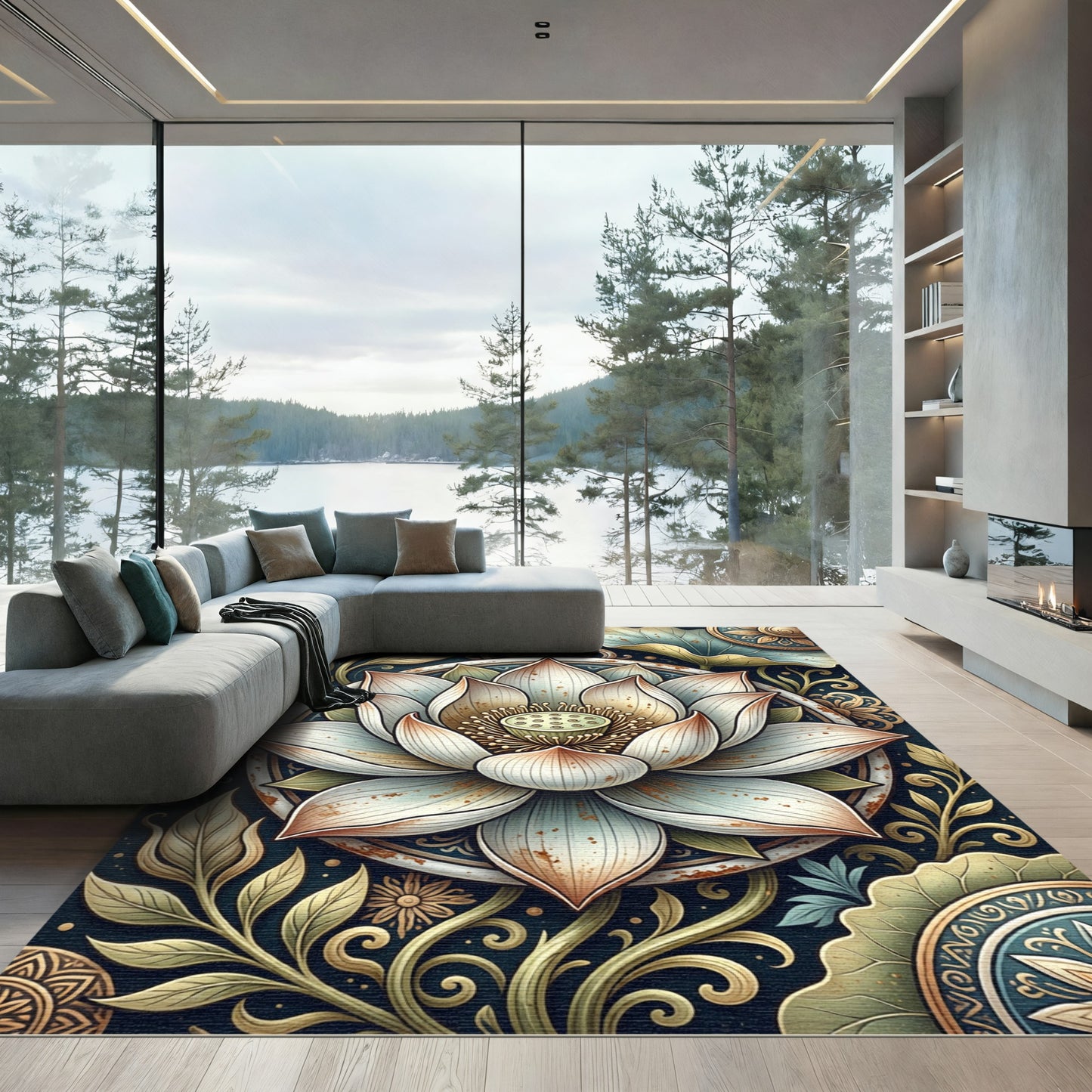 White Lotus Mandala Ornate Detail Rug