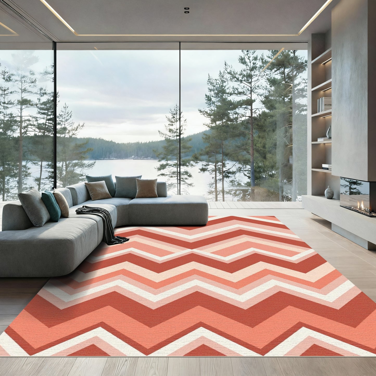 Coral Chevron Stripes Gradient Rug