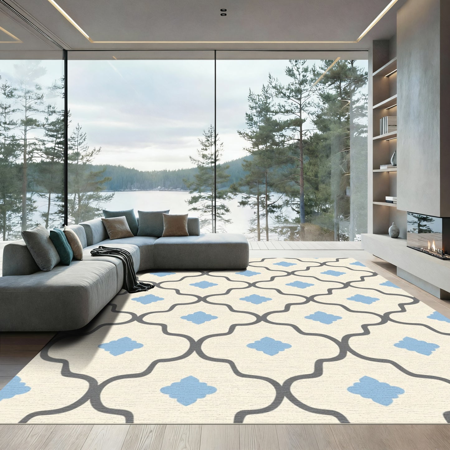 Cream Gray Blue Quatrefoil Lattice Rug