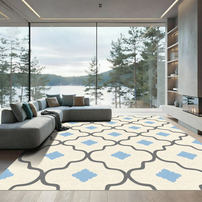 Cream Gray Blue Quatrefoil Lattice Rug