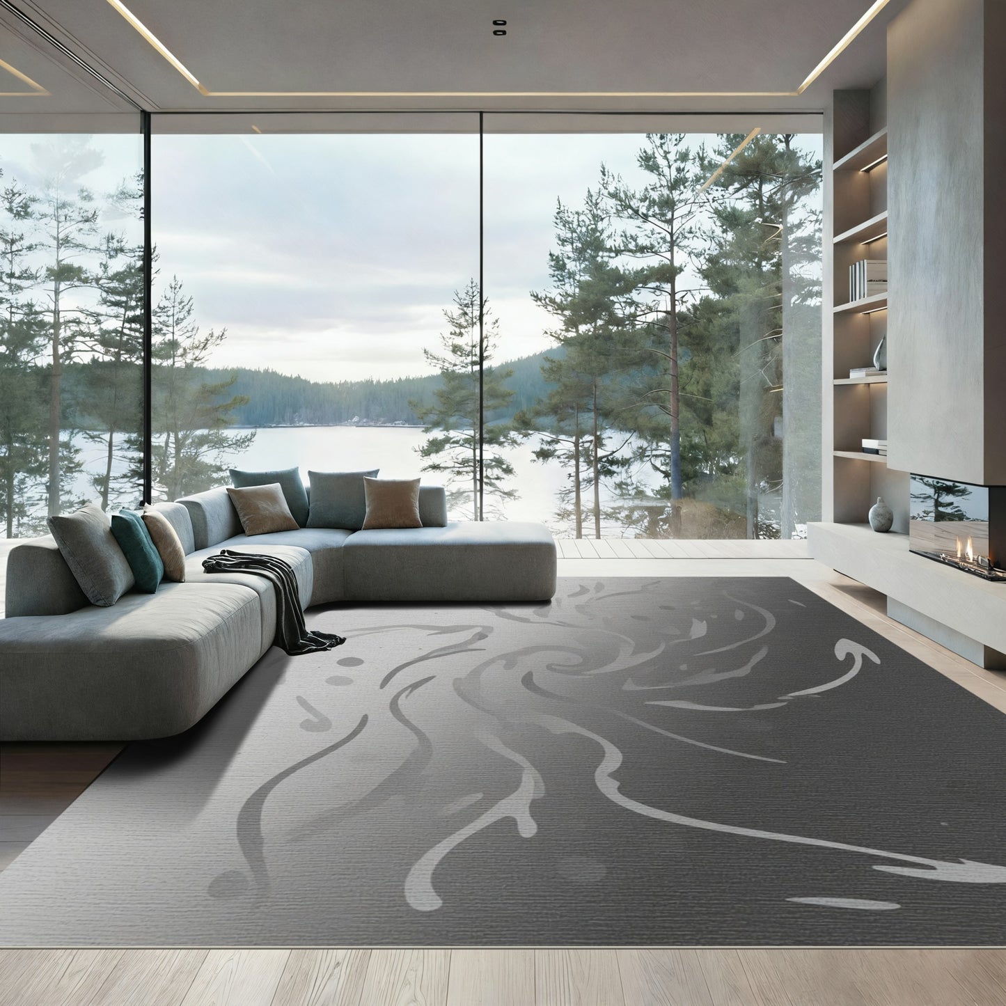 Monochrome Swirl Abstract Flow Rug