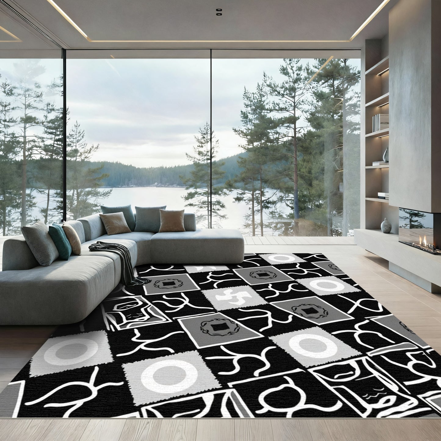 Abstract Square Collage Black White Rug