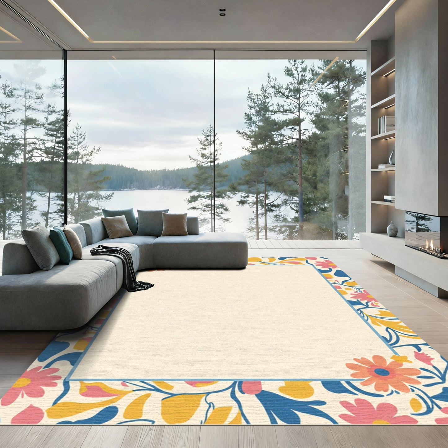 Retro Floral Pattern with Blue Border Rug