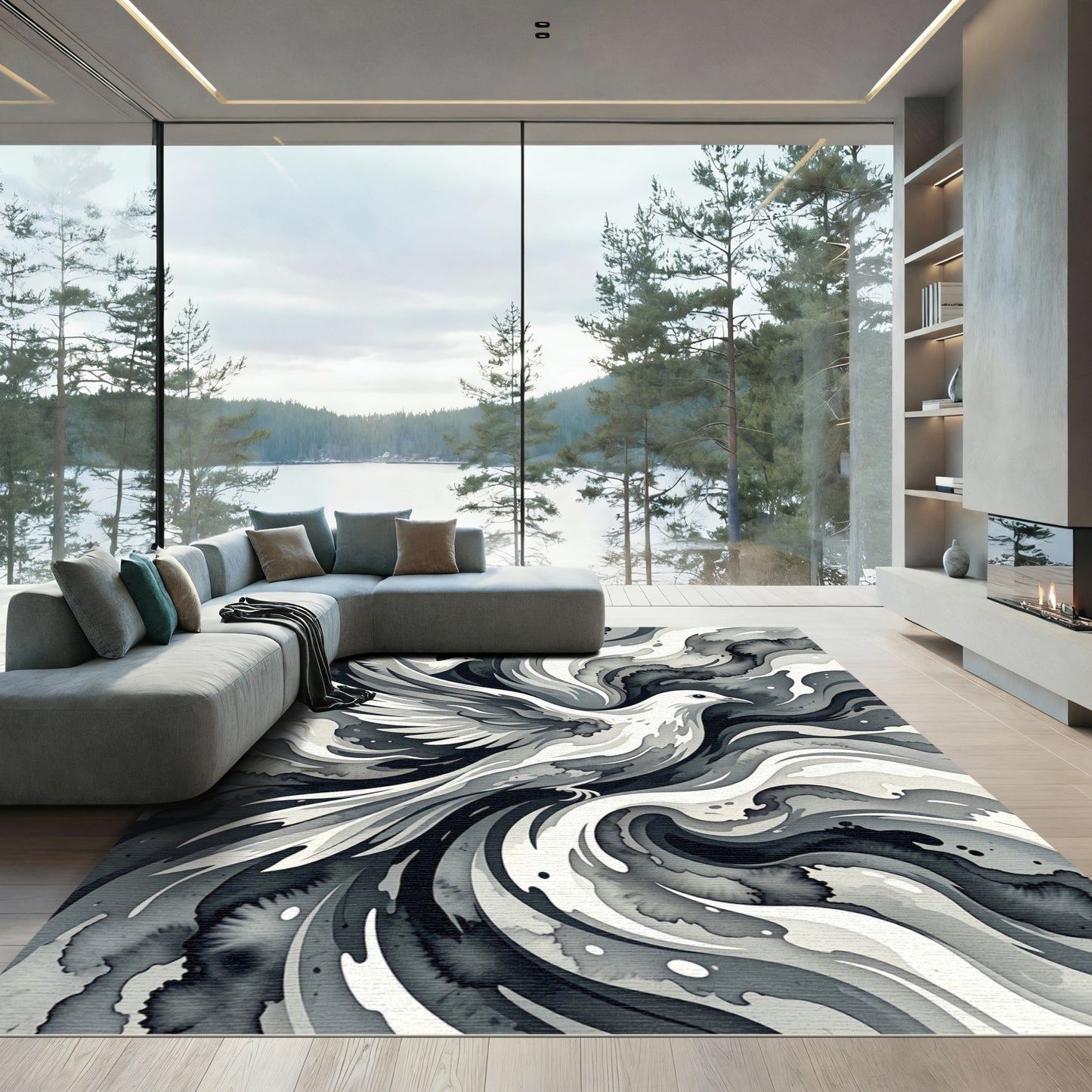 Monochromatic White Doves Swirling Clouds Rug