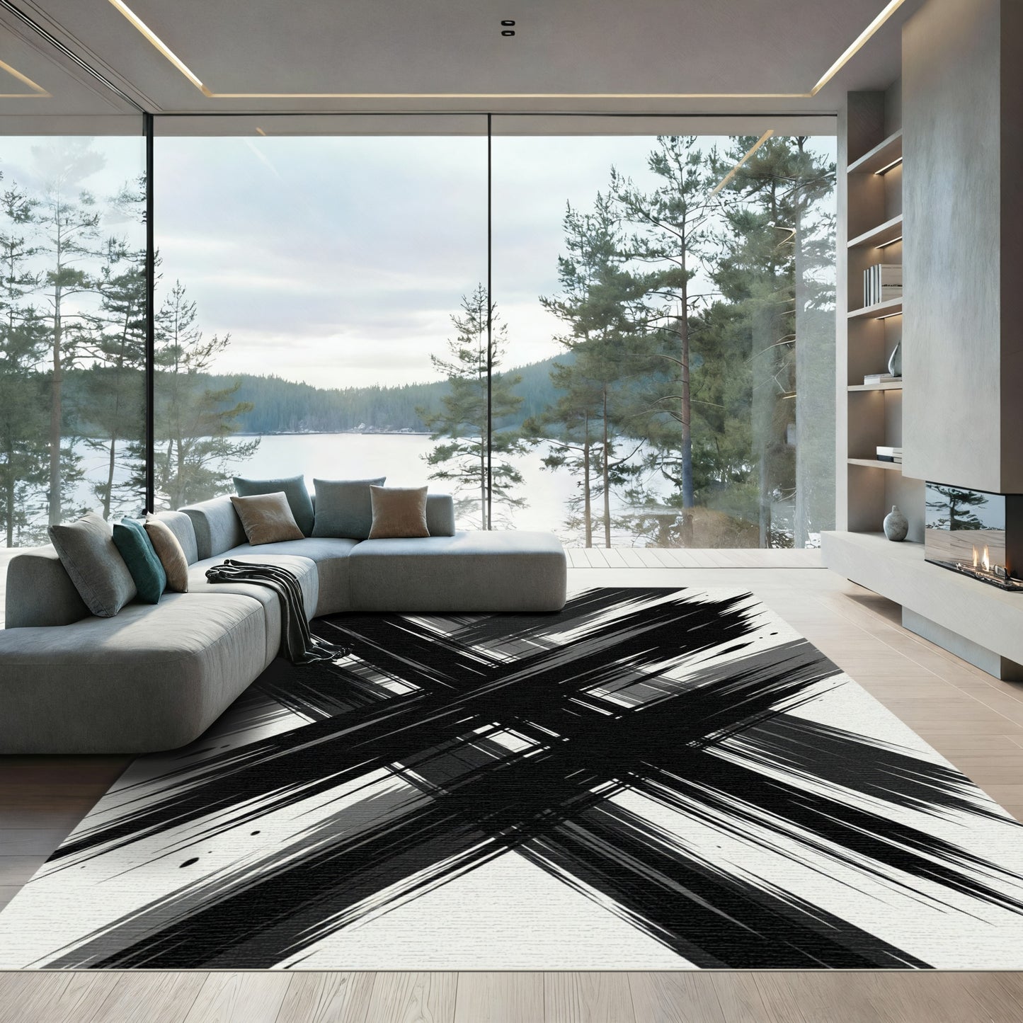 Bold Black Abstract Brushstroke Grid Rug