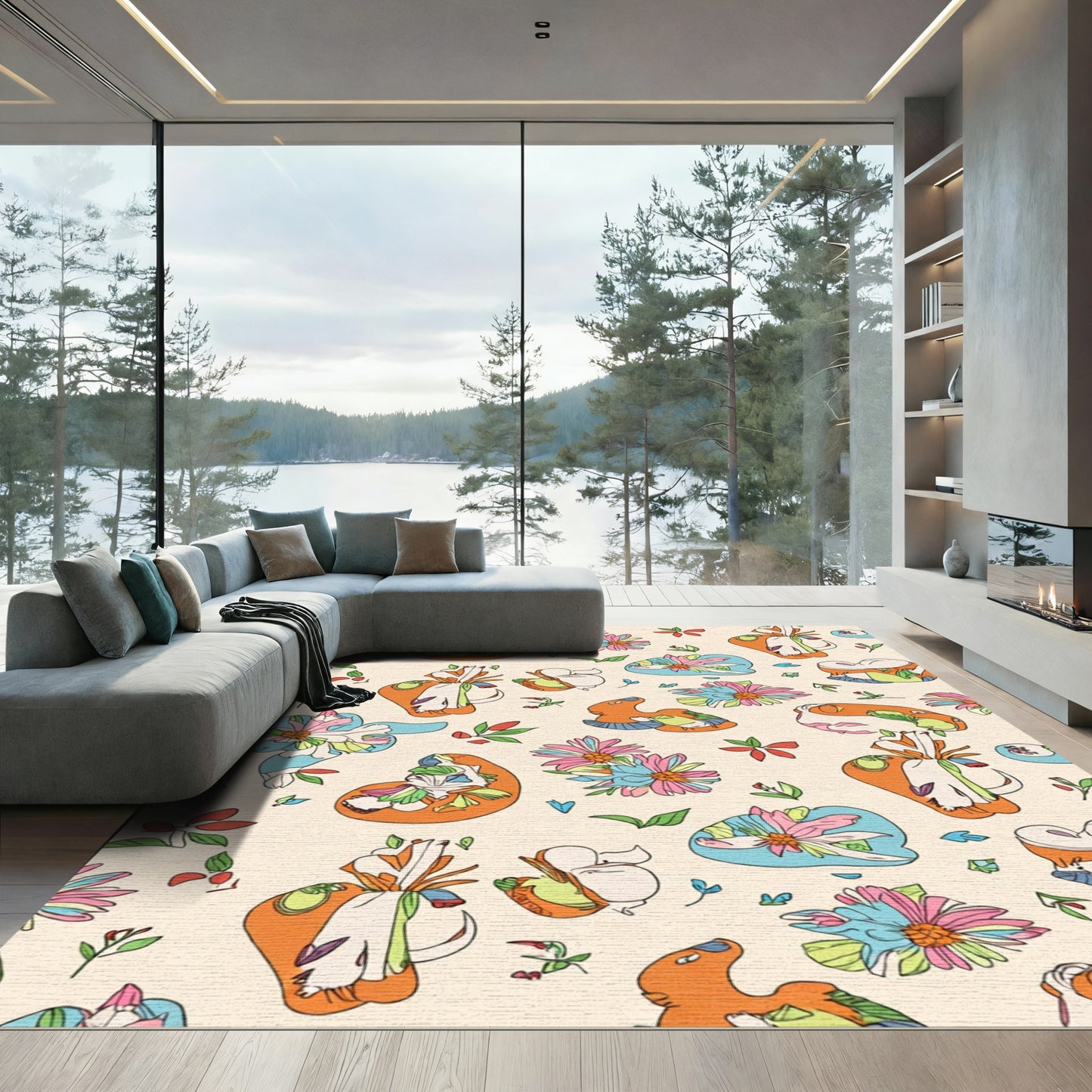 Whimsical Orange Floral Whimsical Animals Rug