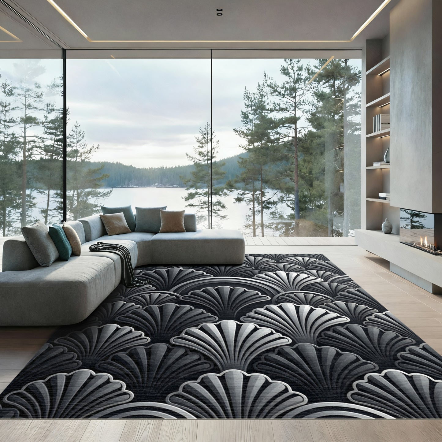 Sophisticated Midnight Silver Art Deco Fan Rug
