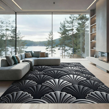 Sophisticated Midnight Silver Art Deco Fan Rug