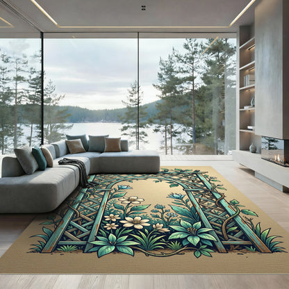 Teal Arched Lattice Botanical Garden Rug