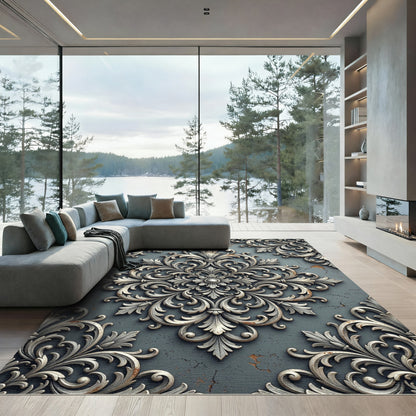 Elegant Slate Gray Baroque Ornate Medallion Rug
