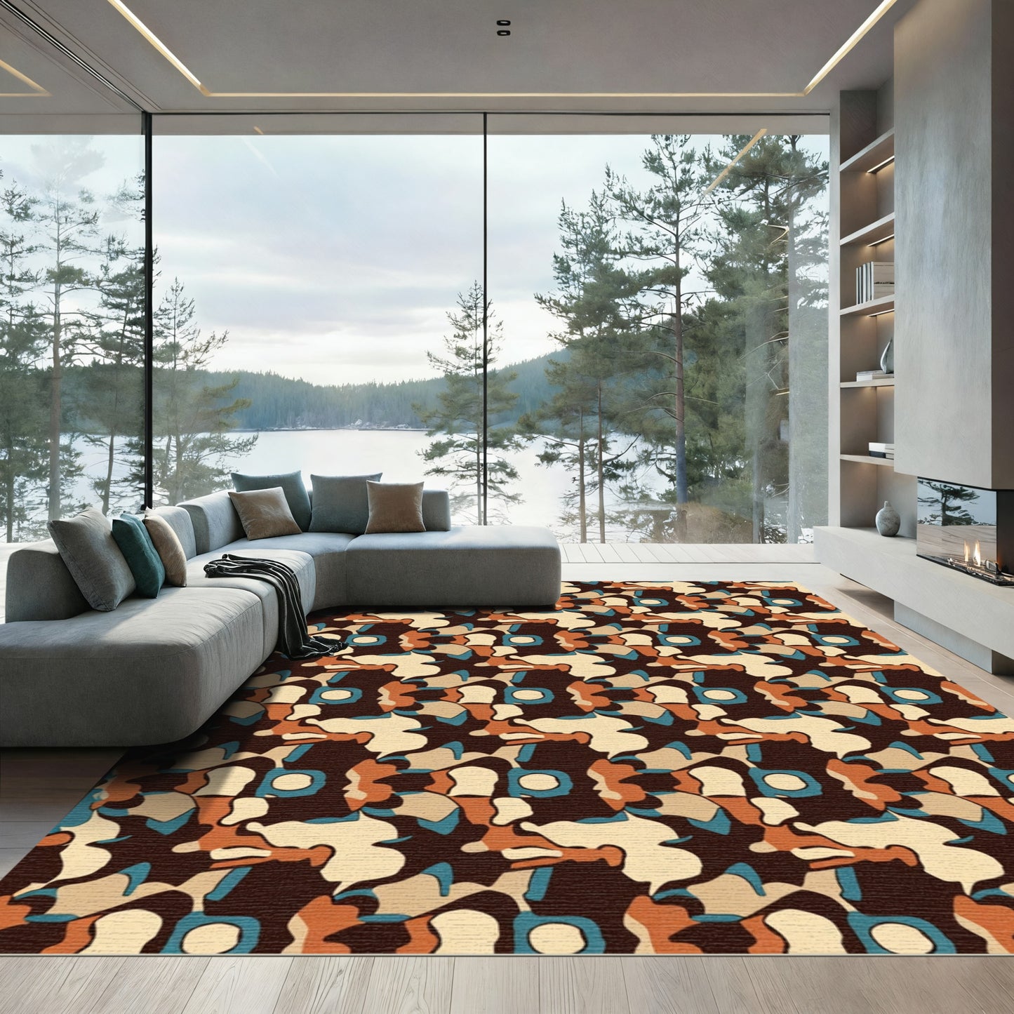 Abstract Camouflage Ochre Blue Rug