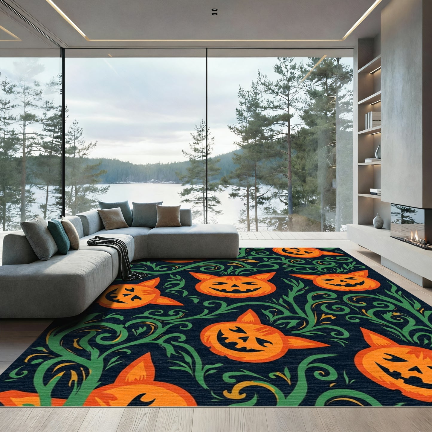 Orange Smiling Cat Pumpkin Vine Rug