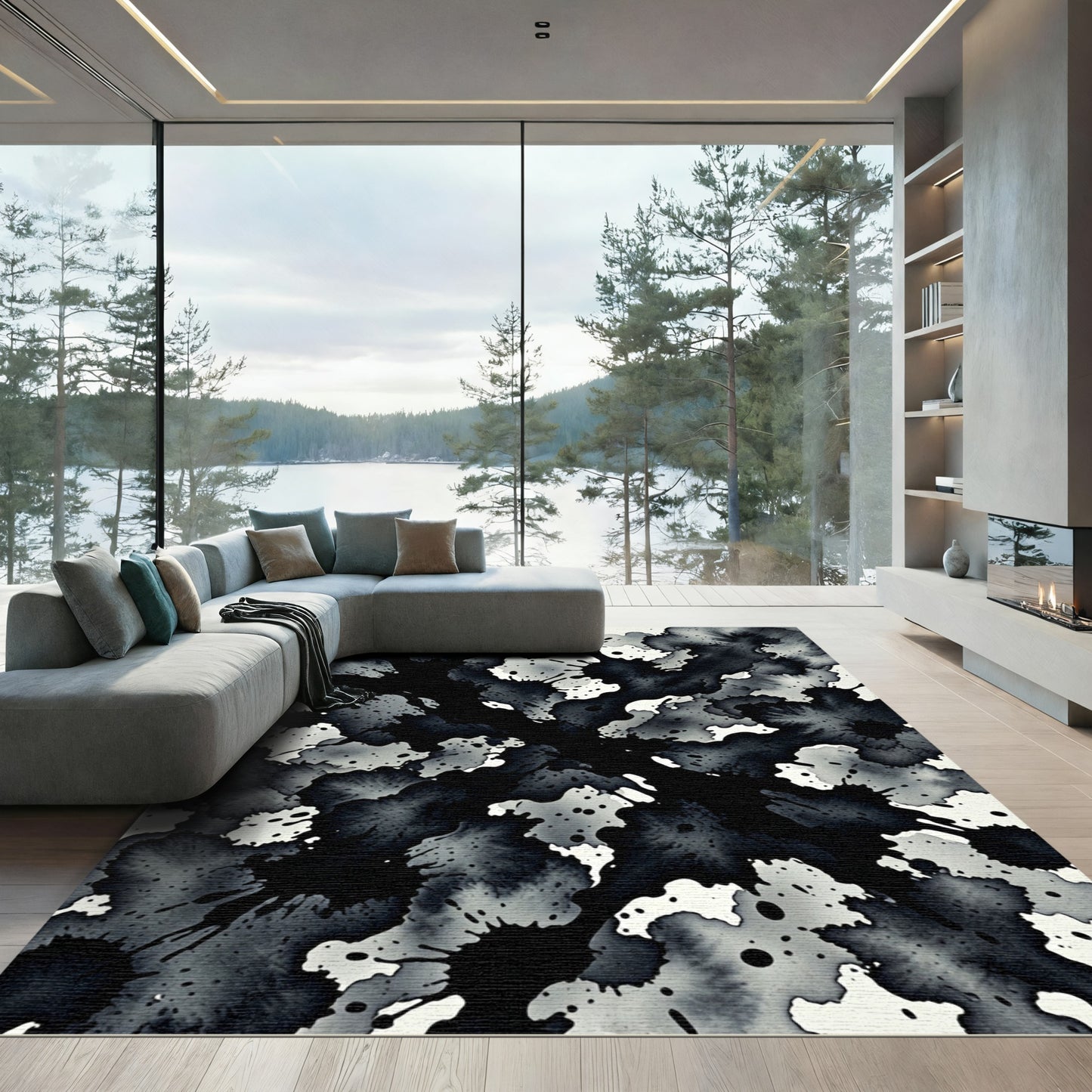 Monochromatic Ink Splatter Abstract Rug