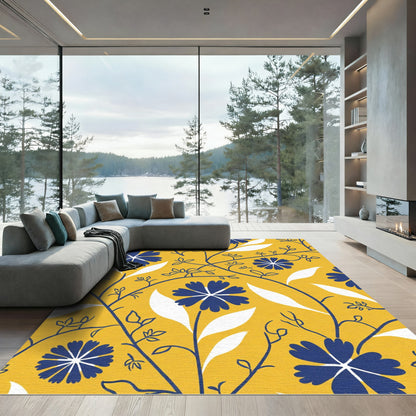 Golden Yellow Blue Floral Vines Rug