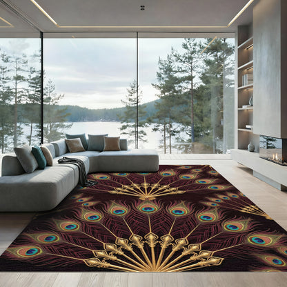 Elegant Golden Peacock Feather Fan Rug