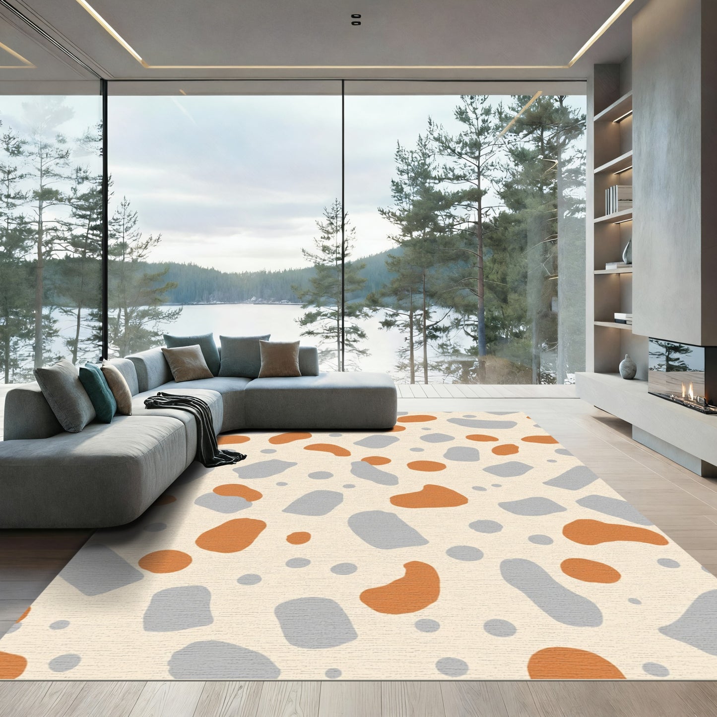 Contemporary Ochre Gray Pebble Scatter Rug