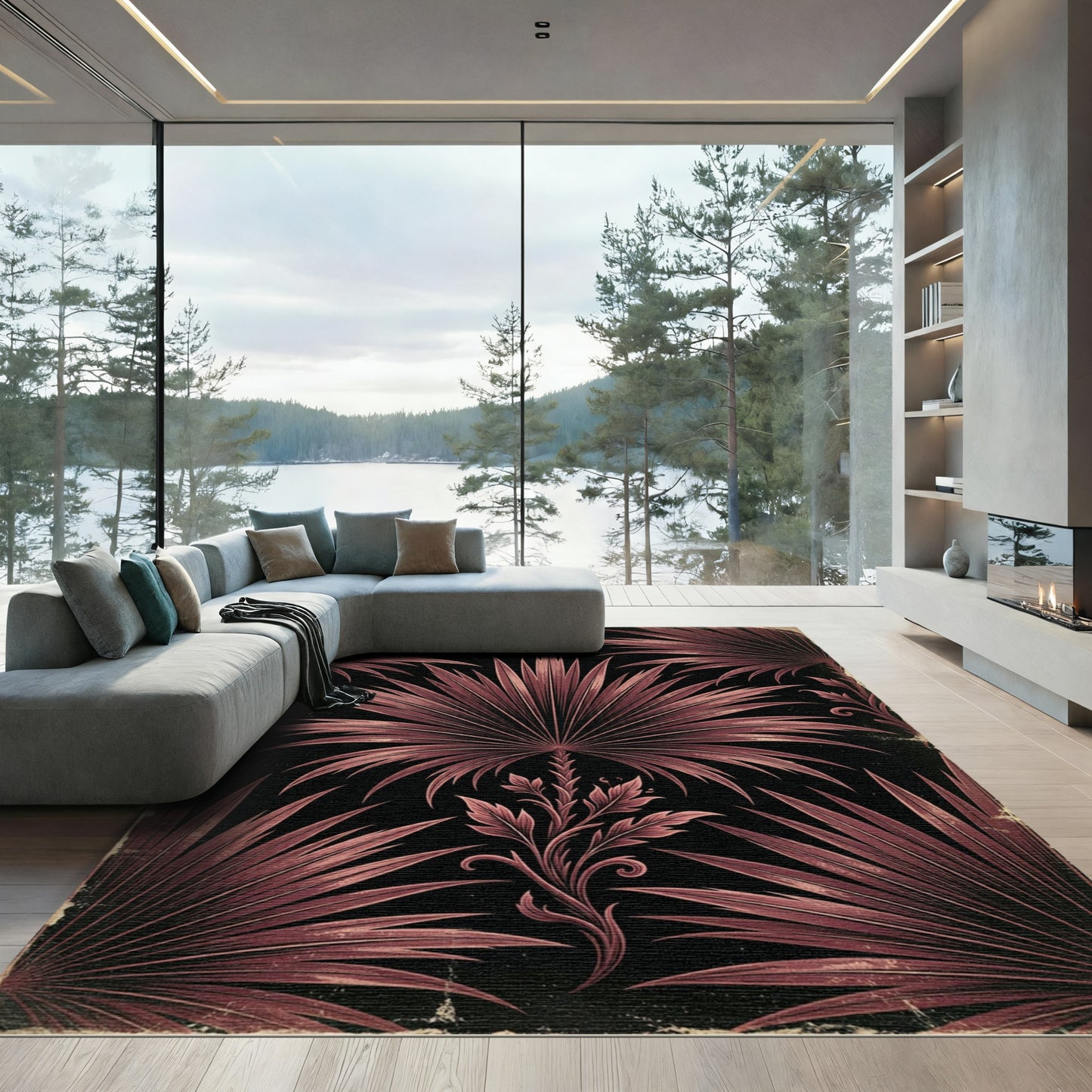 Dark Maroon Tropical Palm Victorian Rug