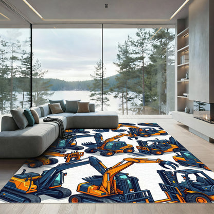 Orange Excavator Industrial Construction Isometric Art Rug