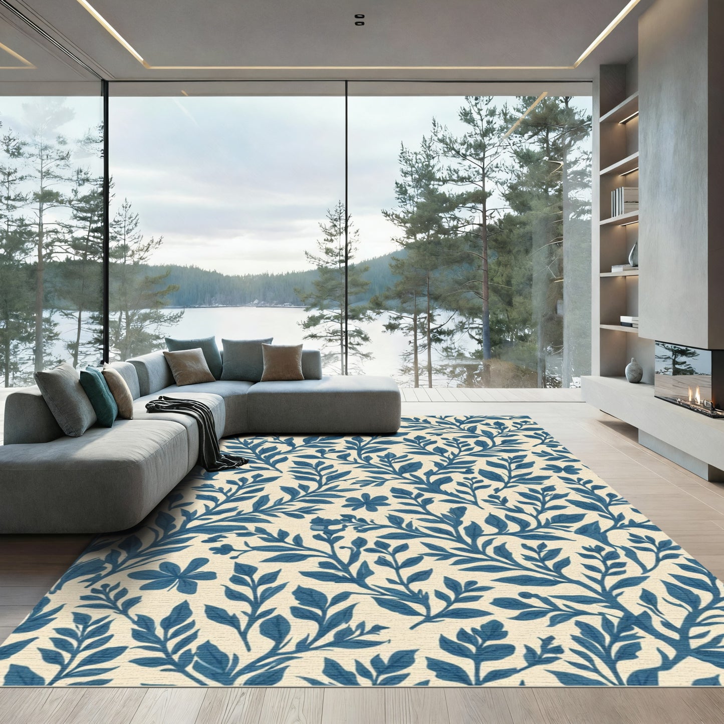 Navy Blue Floral Botanical Tapestry Rug