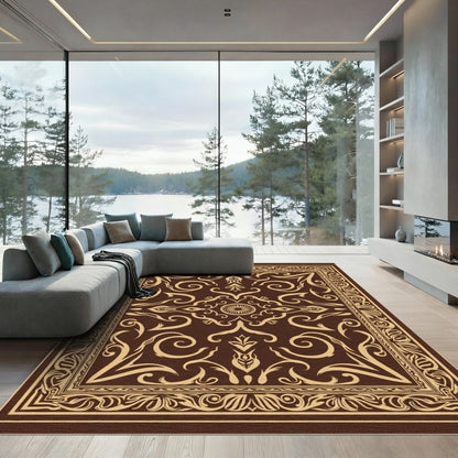 Brown and Tan Ornamental Scroll Rug