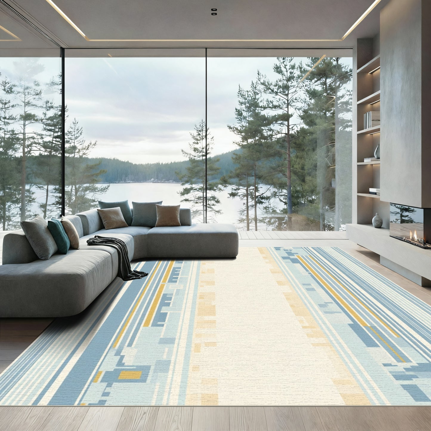 Geometric Blue Stripe Abstract Rug