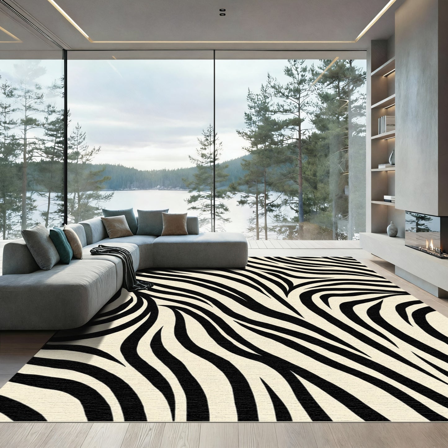 Cream and Black Animal Print Rug