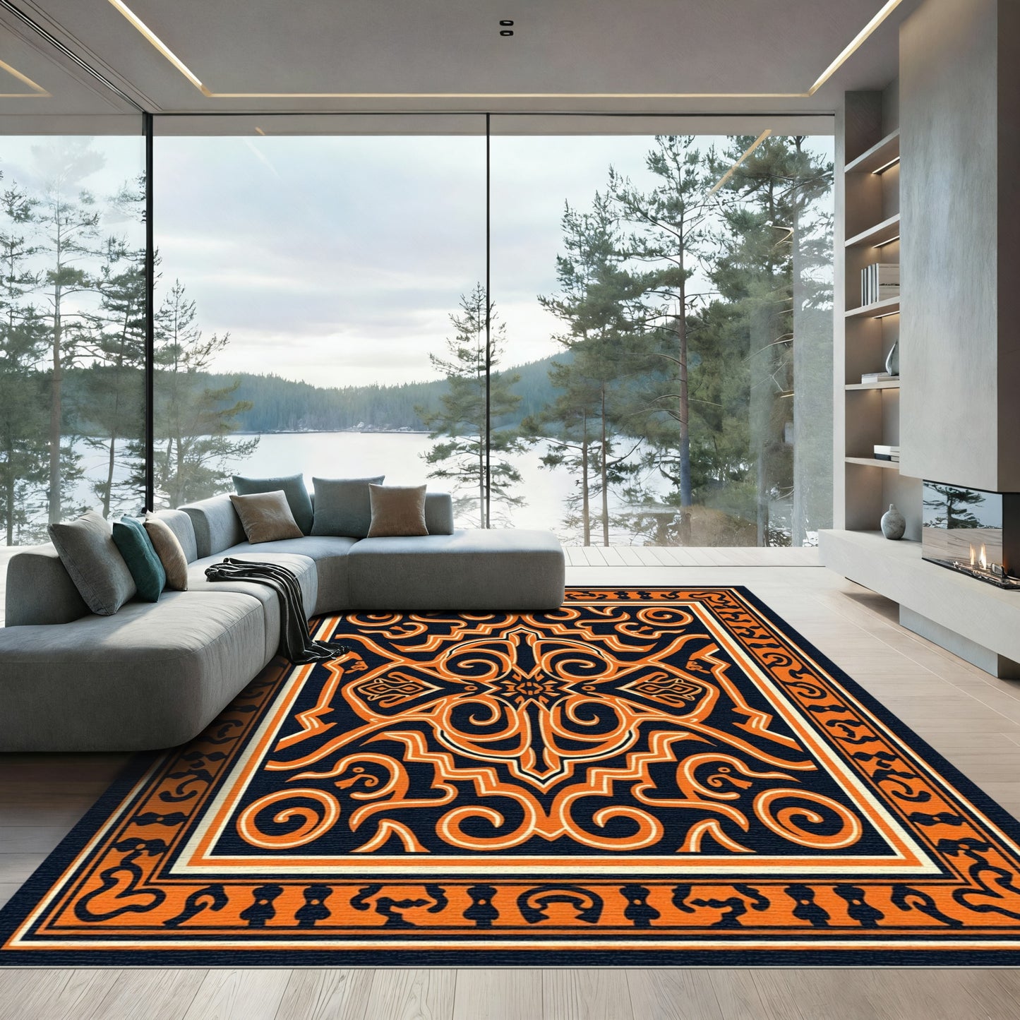 Bold Orange Swirl Medallion Rug