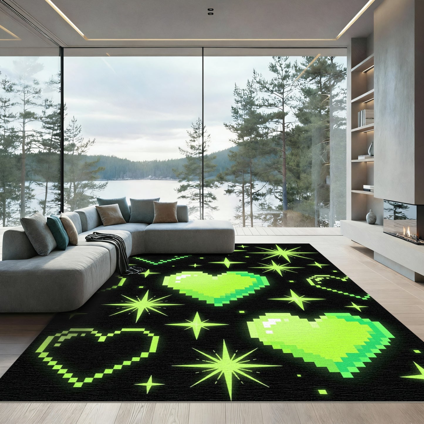Neon Pixel Heart and Sparkle Glow Rug