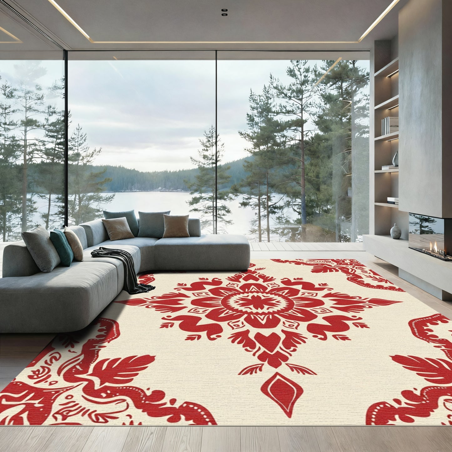 Crimson Floral Medallion Cream Rug