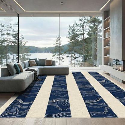 Navy Cream Abstract Wave Stripe Rug