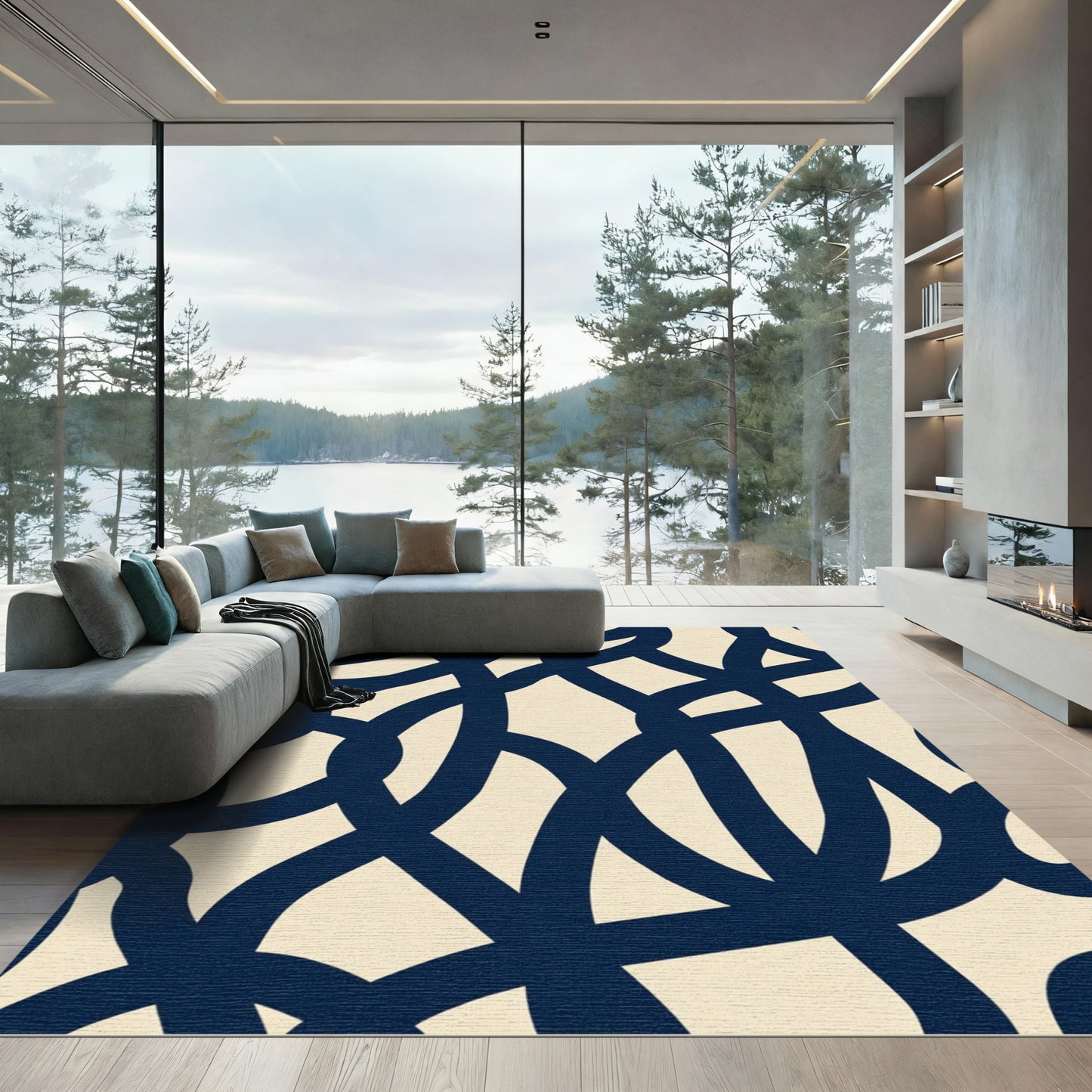 Navy Blue Abstract Interlocking Waves Rug
