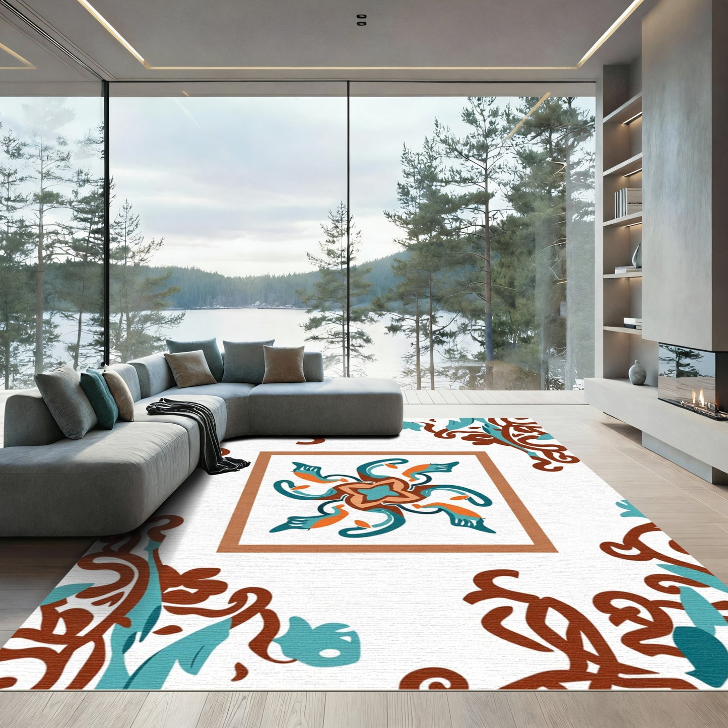 Orange Teal Swirl Floral Medallion Rug