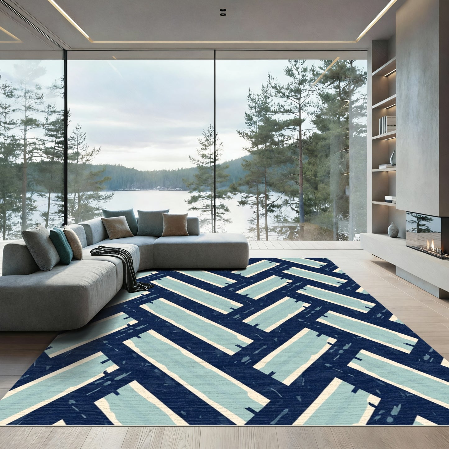 Navy Blue Light Blue Herringbone Weave Rug