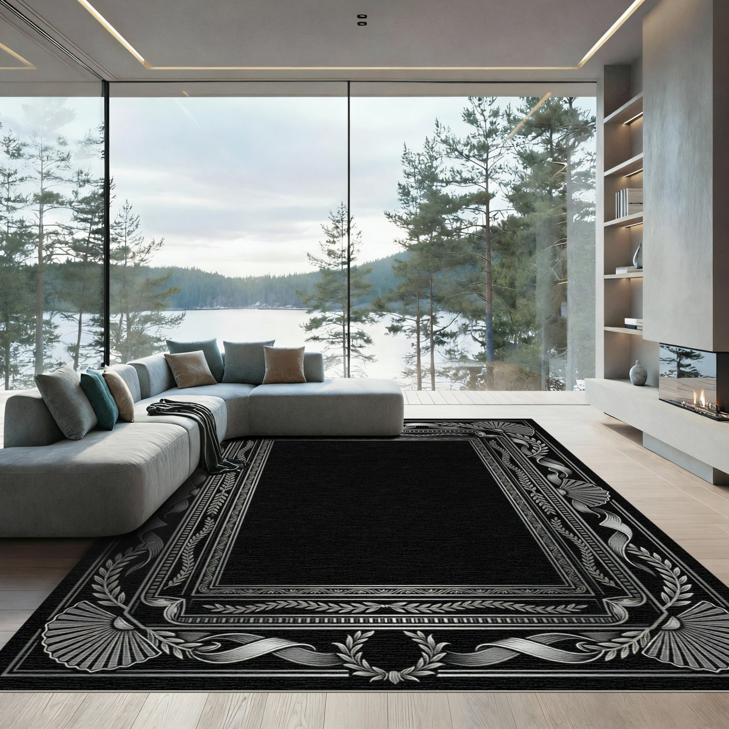 Ornate Silver Laurel Ribbon Frame Rug