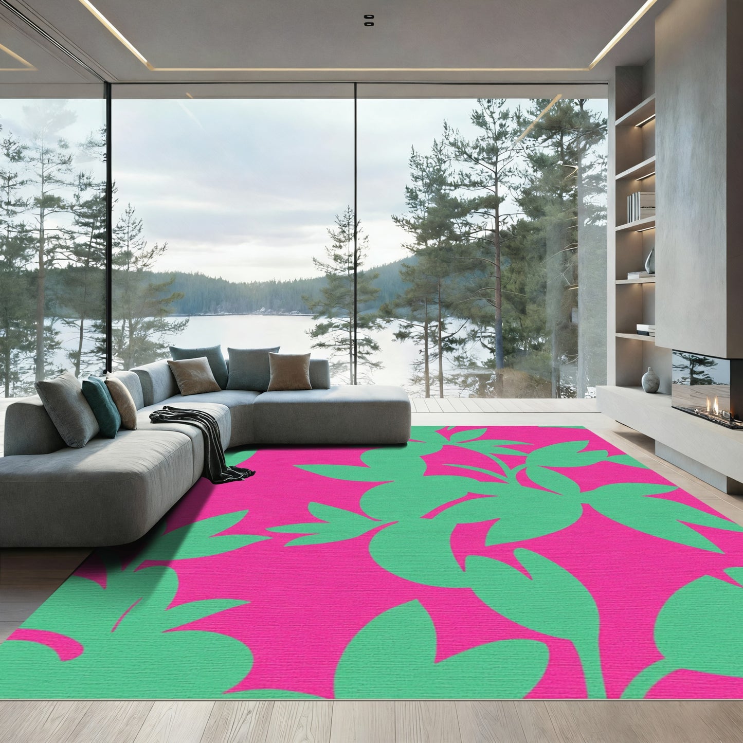 Bright Pink Green Leafy Branch Accents Rug