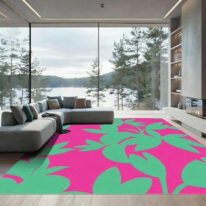 Bright Pink Green Leafy Branch Accents Rug