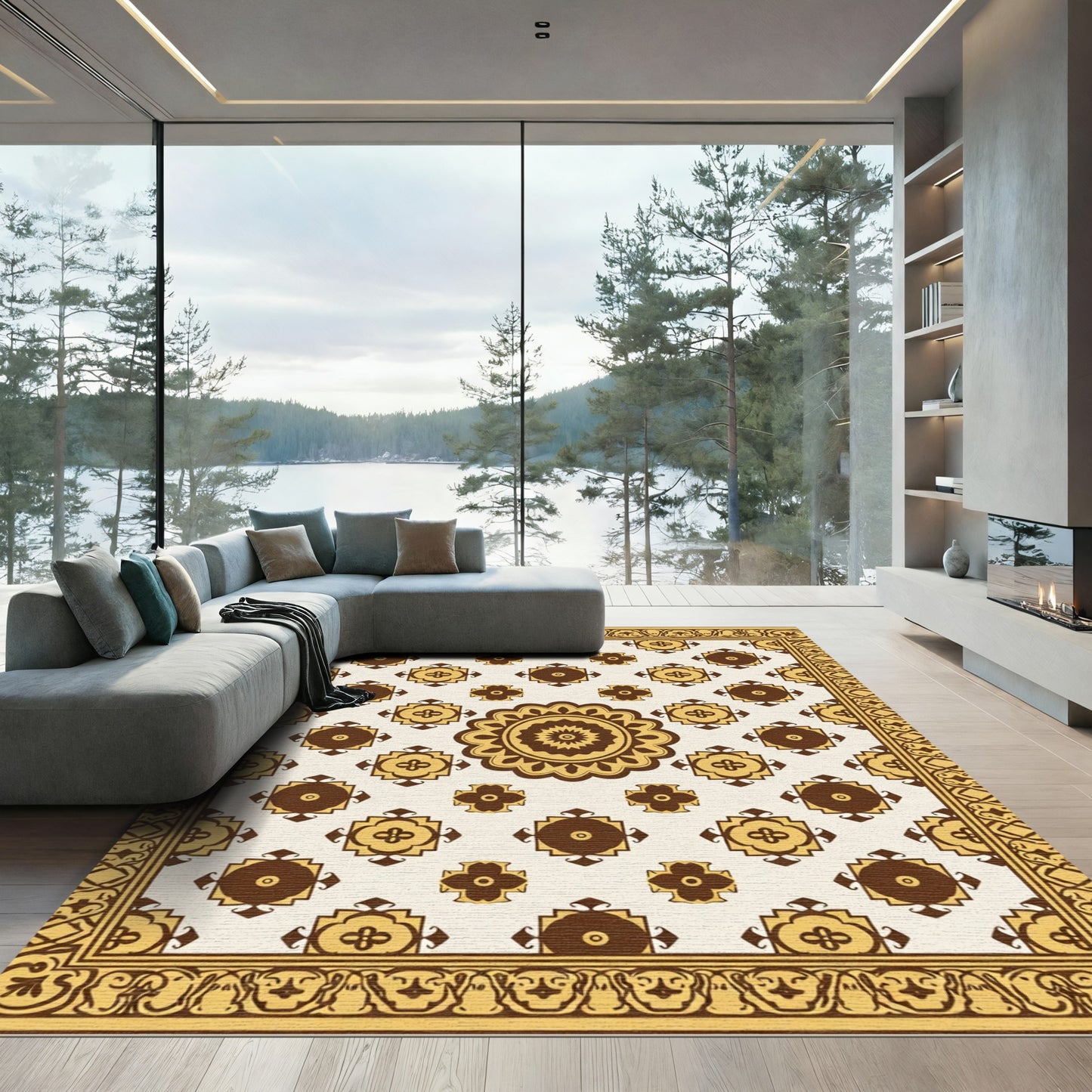Brown Ochre Medallion Floral Geometric Rug