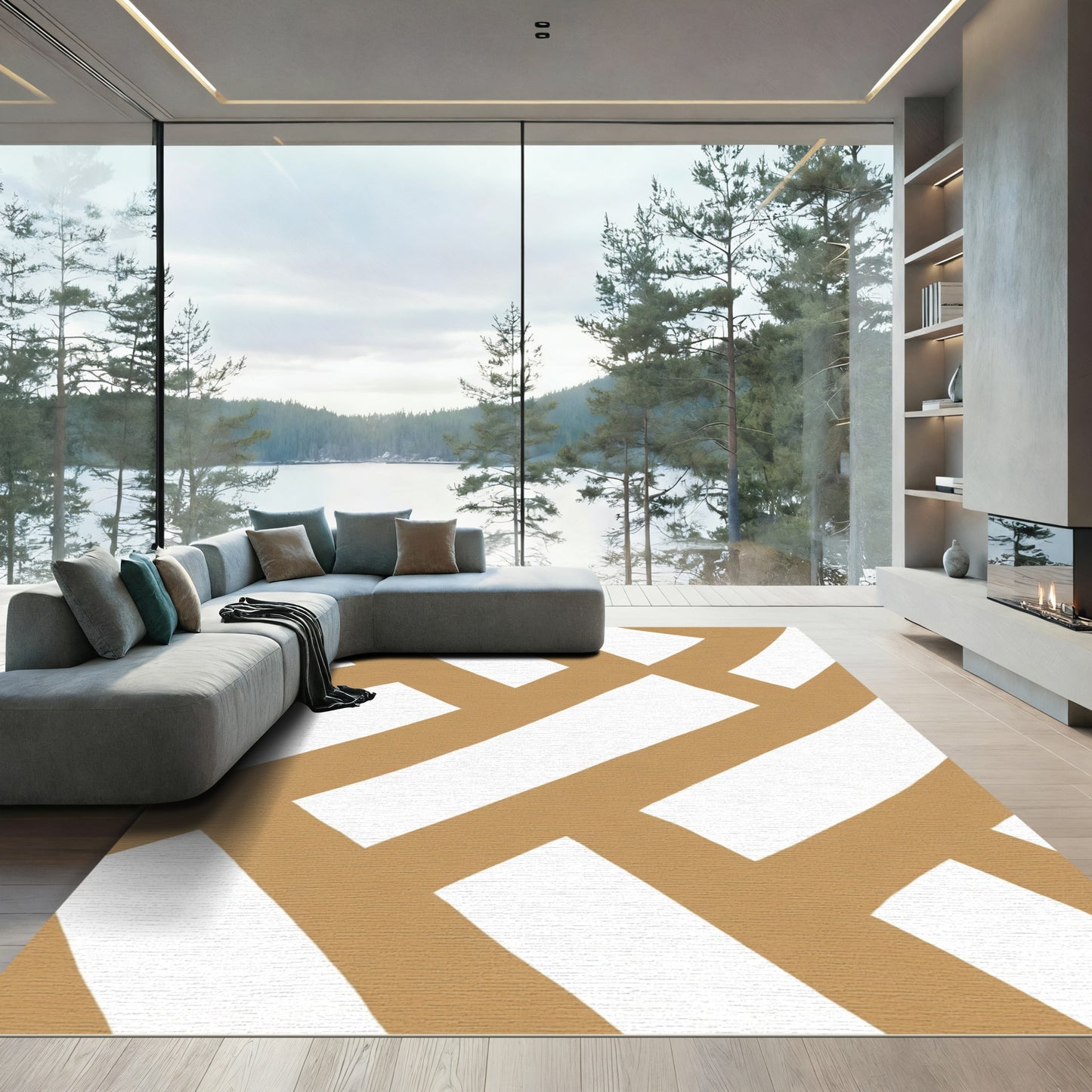 Modern Tan White Interlocking Lines Rug