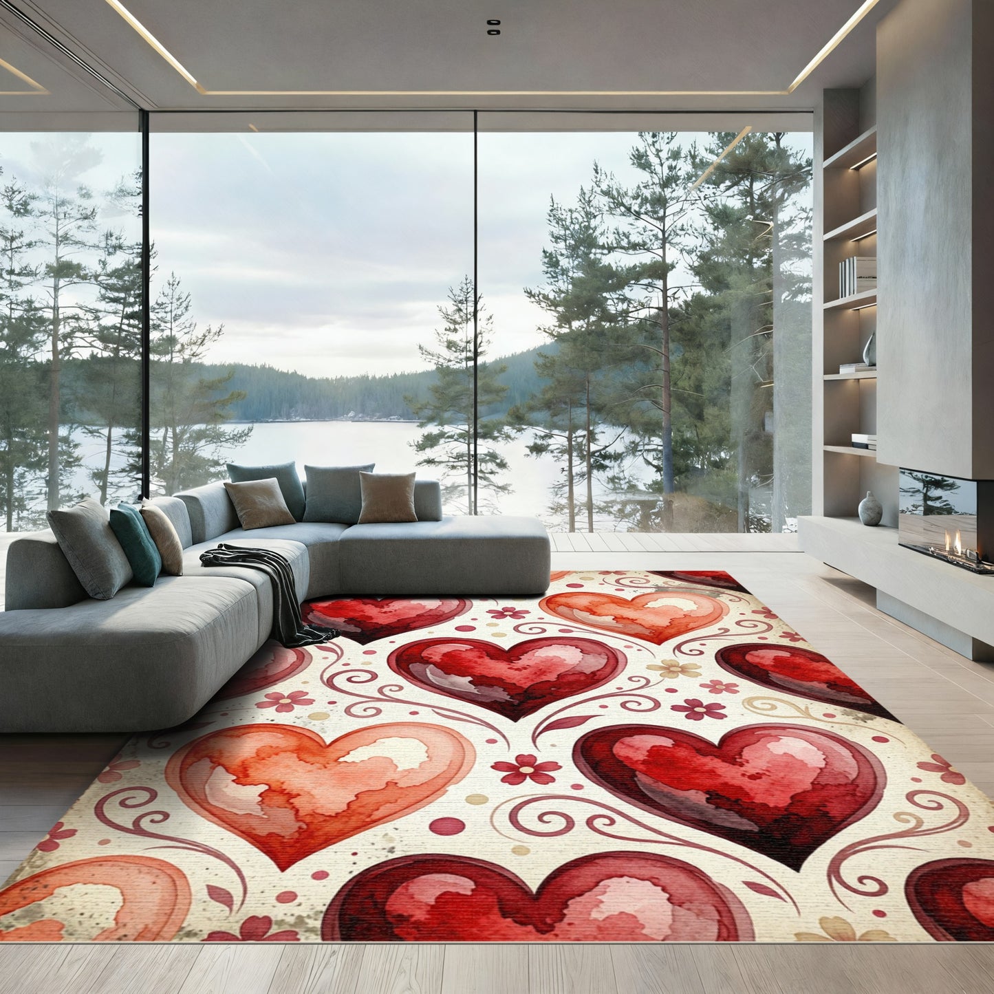 Watercolor Heart Swirl and Floral Art Rug
