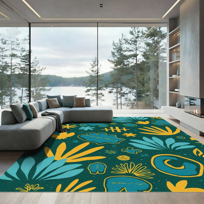 Teal Yellow Organic Tropical Bloom Rug