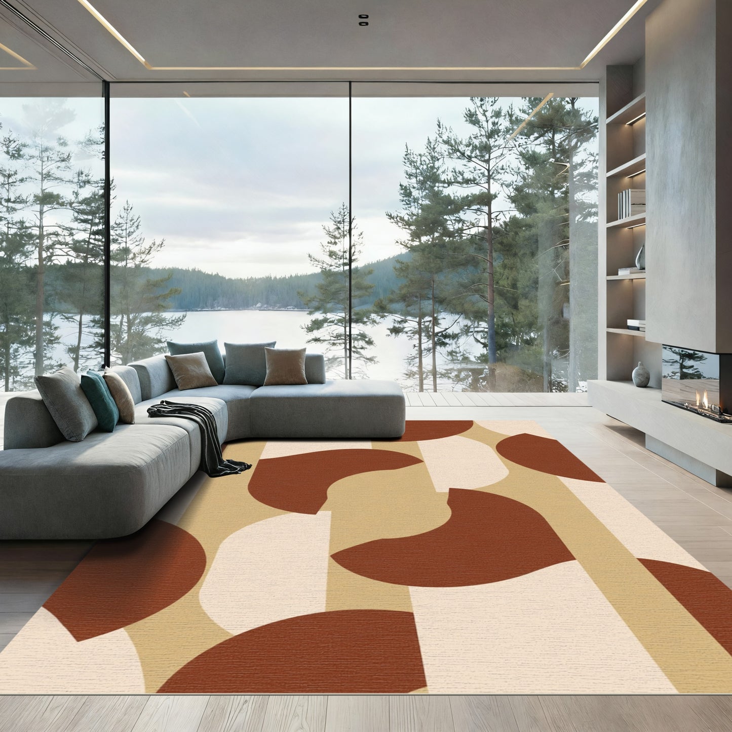 Modern Brown Cream Abstract Shapes Rug