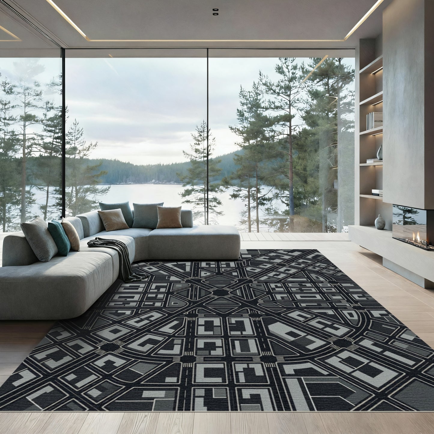 Monochrome Urban Street Grid Rug