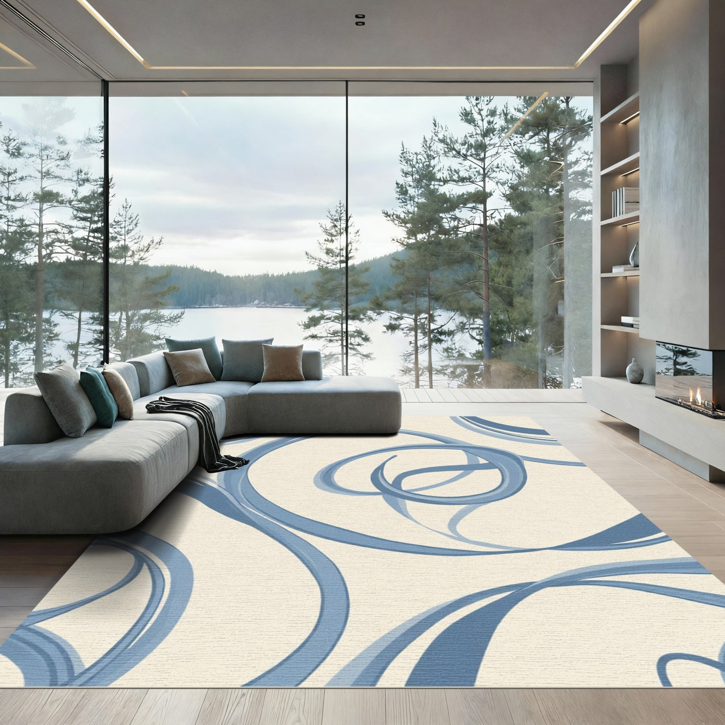 Serene Blue Ribbon Swirl Rug