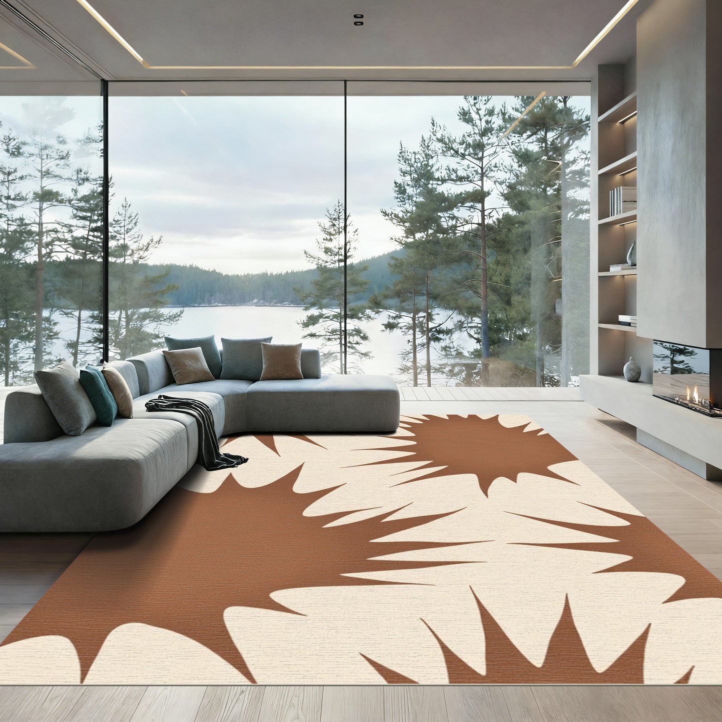 Cream Brown Abstract Spiky Bloom Rug