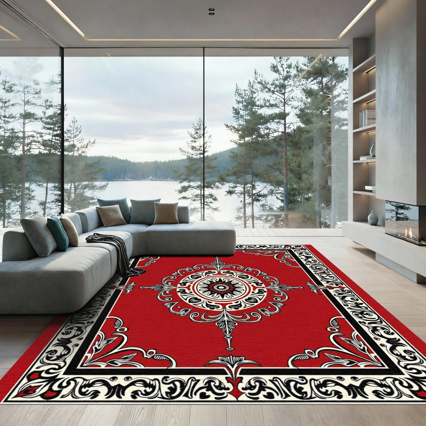 Crimson Red Floral Medallion Frame Rug