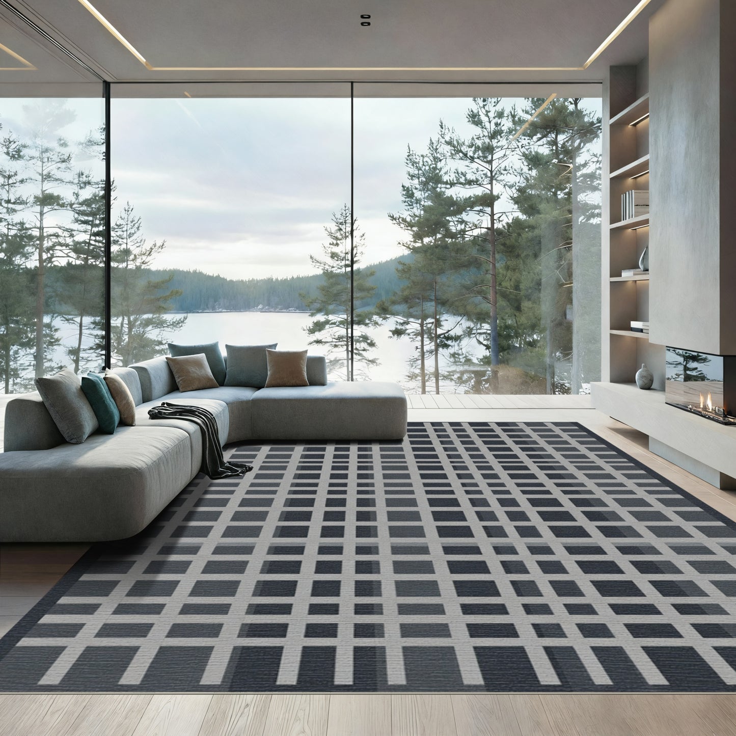 Dark Gray Intersecting Square Lattice Rug
