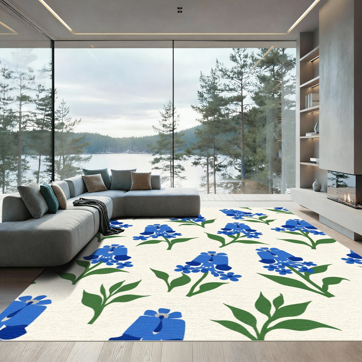 Blue Floral Spray Textured Rug